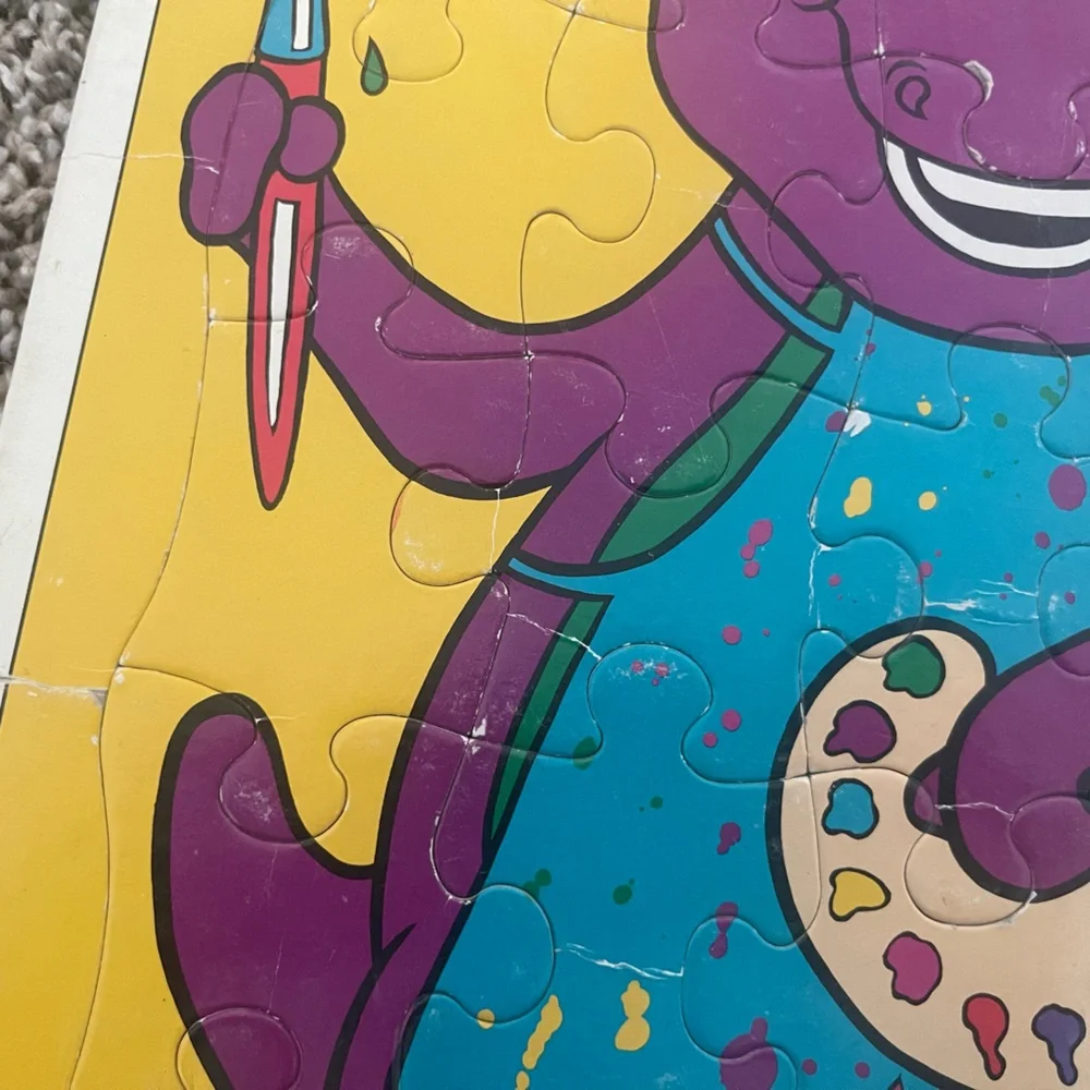 Vintage 1992 MB Milton Bradley Puzzle Barney Artist Purple Dinosaur Baby Bop